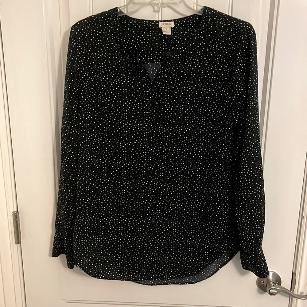 J Crew | Long Sleeve Blouse Black White Polka Dot 1/4 Button down Women’s sz S